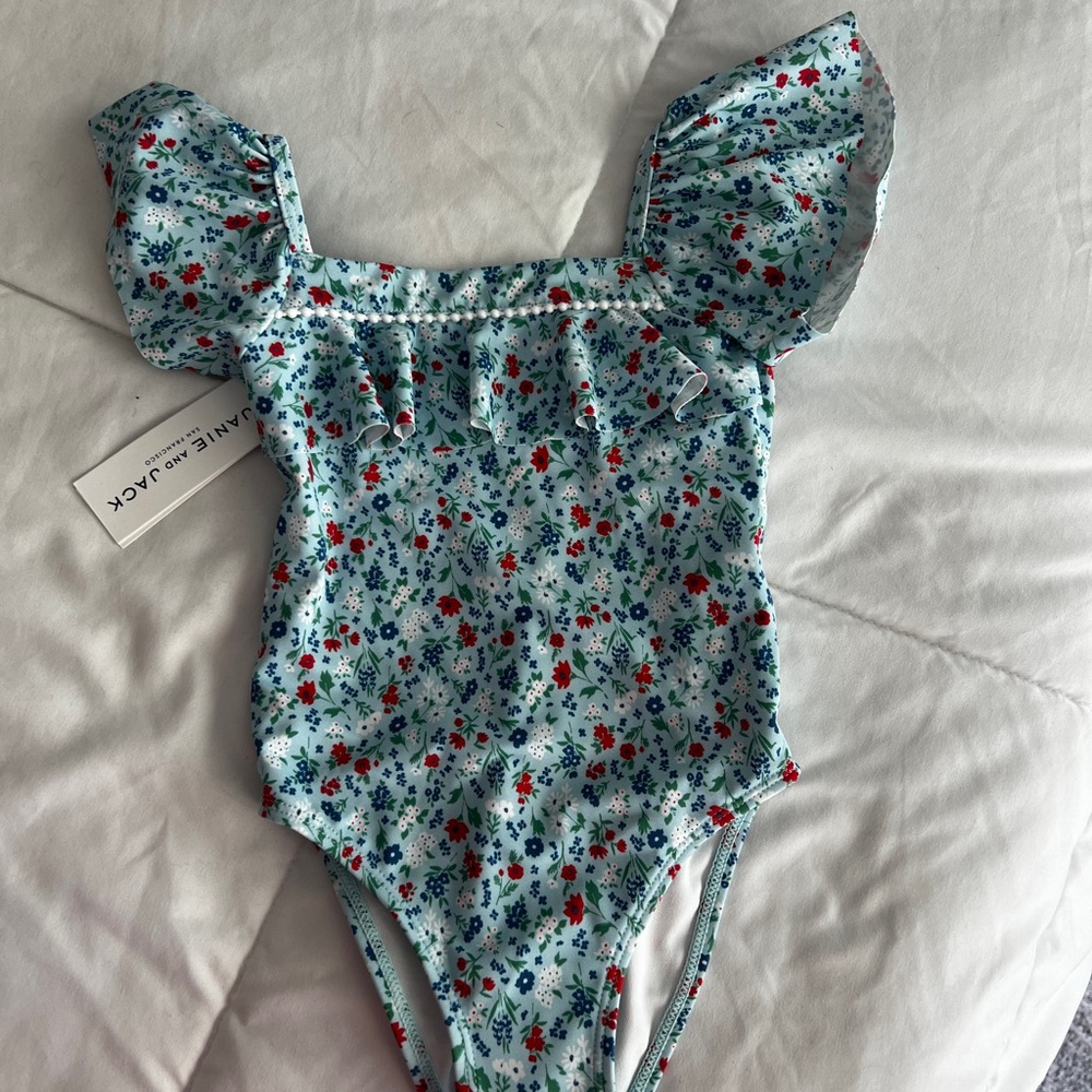 Janie and Jack Floral Kids Swim One Piece - Blue and Red